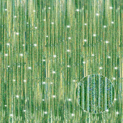 2 Pack Laser Green Foil Fringe Curtains Streamers Party Decorations 3.3 x 8.2 ft, Tinsel Curtain Fringe Backdrop for Parties, Door Fringe Birthday Streamers, Photo Booth Backdrops, Party Decor