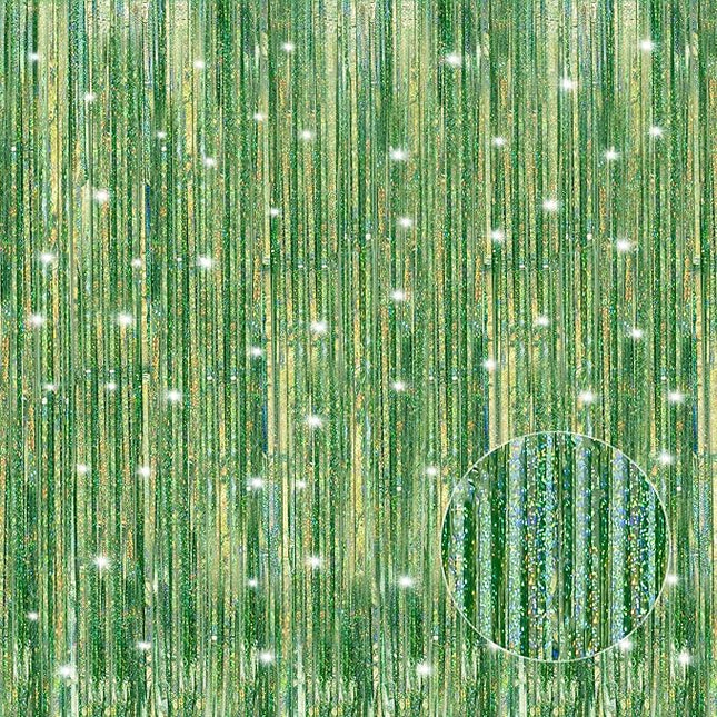 2 Pack Laser Green Foil Fringe Curtains Streamers Party Decorations 3.3 x 8.2 ft, Tinsel Curtain Fringe Backdrop for Parties, Door Fringe Birthday Streamers, Photo Booth Backdrops, Party Decor