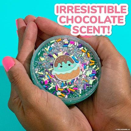 Original Squishmallows Glitter Slime, Mini Maya The Ice Cream Charm, Chocolate Scented, 3 Fun Add-Ins, Pre-Made Slime for Kids, Great 6 Year Old Toys