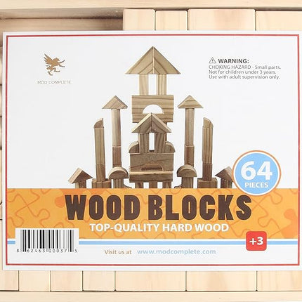 Standard Unit Building Blocks for Toddlers with Storage Tray (64 Pcs) Sanded Wood Blocks for Children, Original STEAM, and STEM Learning, Classic Wooden Toys for Kids Parties and Classrooms