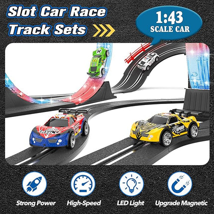 2-in-1 Slot Car Race Track Set with 4 High-Speed Cars, Electric Track, Dual Racing Game with 2 Controllers, Circular Overpass Design Featuring Flash Tracks. Toy Gift for Boys Kids Ages 4-6 6-8 8-12