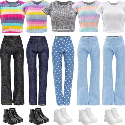 15 Pirces 11.5 Inch Girl Doll Clothes & Accessories Including 5 Colorful T-Shirt, 5 Denim Pants Jeans, 5 Pairs of Sneakers for Girl Dolls Casual Outfit Accessories