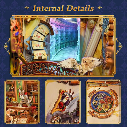 Tonecheer DIY Book Nook Kit for Adults, 3D Wooden Puzzle Bookend Miniature House Kit, Booknook Bookshelf Insert Decor with Dust Cover and LED Lights Gifts (Magical Library)