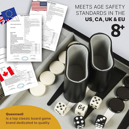 Backgammon Sets for Adults – 15-Inch Black PU Leather Board Game Set – Classic 2-Player Travel Backgammon Set with 32 Playing Pieces, Dice, and Cups