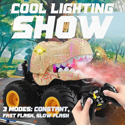 BEZGAR Monster Truck Toys - Remote Control Monster Truck with Spray, Light, Music, Dinosaur Toys for Kids, 1:20 Scale RC Truck with 360° Spins and Drifting, Remote Control Car for Boys 4-7 Golden