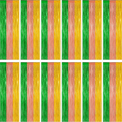 12 Pack Hawaiian Party Decorations, 3.28 FT x 7.05 FT Luau Party Decorations, Green Brown Yellow Luau Backdrop Fringe Curtains Foil Streamer, Metallic Summer Decor Luau Party Supplies