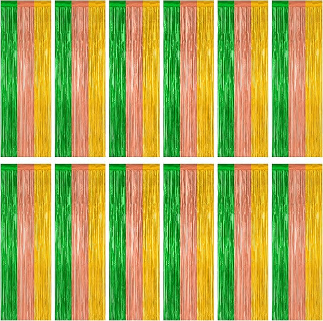 12 Pack Hawaiian Party Decorations, 3.28 FT x 7.05 FT Luau Party Decorations, Green Brown Yellow Luau Backdrop Fringe Curtains Foil Streamer, Metallic Summer Decor Luau Party Supplies
