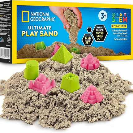 Blue Marble National Geographic Moon Sand - 12 Lbs. with Castle Molds (Natural) - A Fun No Mess Sensory Activity, Kids Fake Sand Play Set, Sensory Bin Filler