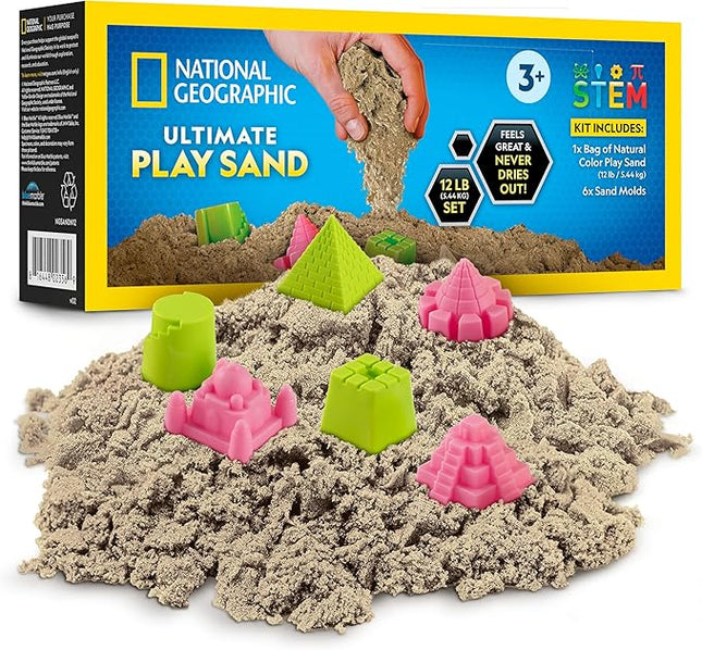 Blue Marble National Geographic Moon Sand - 12 Lbs. with Castle Molds (Natural) - A Fun No Mess Sensory Activity, Kids Fake Sand Play Set, Sensory Bin Filler