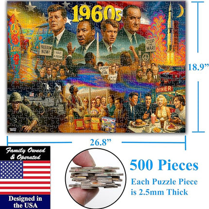 Think2Master 1960s 500 Pieces Large Format Jigsaw Puzzle: Kids 12+, Teens, Adults & Families. Travel Back in Time with The Nostalgic Collage. Great Gift. Size: 26.8” X 18.9”