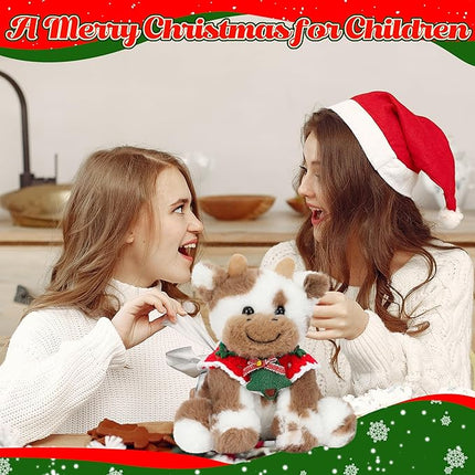 Hopearl Adorable Christmas Plush Cow Toy Floppy Dairy Cattle Soft Stuffed Animal Cute Xmas Gifts for Boys Girls Kids Toddlers, Light Brown, 9''