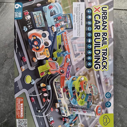 Fisca 2-in-1 Race Car Tracks PlaySet for Kids, Toy Car Ramp Track and Lifting Parking Lot, Dual Mode Toddler Car Track Toy Playset with 6 Cars, Automatic Rotary Elevator, Steering Wheel Music Driving