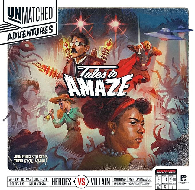 Restoration Games Unmatched Adventures Tales to Amaze - Cooperative Strategy Board Game for 1 to 4 Players - Heroes and Villains with Miniatures - 40-60 Min Playtime - Ages 9+