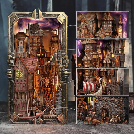 Book Nook Kit - DIY Miniature House Dollhouse Kit for Adults and Teens, Medieval Fantasy Viking Theme Bookshelf Decor 3D Wooden Puzzle Bookend, Gifts for Family, Friends (Voyage Through The Storm)