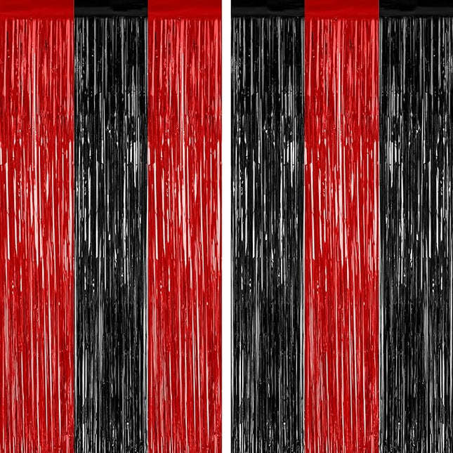 2 Pack Backdrop Curtains, 3.28 FT x 7.05 FT Black and Red Party Decor, Metallic Party Streamer Tinsel Foil Fringe Curtains, Foil Curtains Backdrop Halloween Decorations Party Supplies