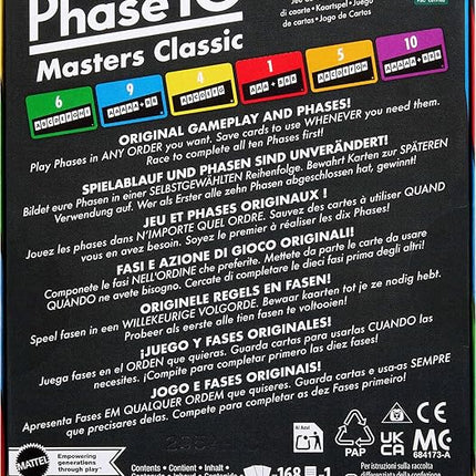 Mattel Games Phase 10 Masters Classic Card Game Including 60 Phase Target Cards That Can Be Played in Any Order for 2 to 6 Players