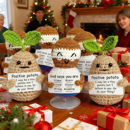 Mini Funny Knitted Wool Potato Toy with Positive Card - Creative Cute Crochet Doll Cheer Up Gift for Friends, Parties, Christmas Decoration and Encouragement