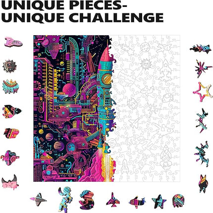 Wooden Jigsaw Puzzle for Adults - Challenging 300 Piece Puzzle with Cool Shapes - Spaceship Rocket Puzzle - Mind Bending Brain Teaser Collection (Galactic Gear)