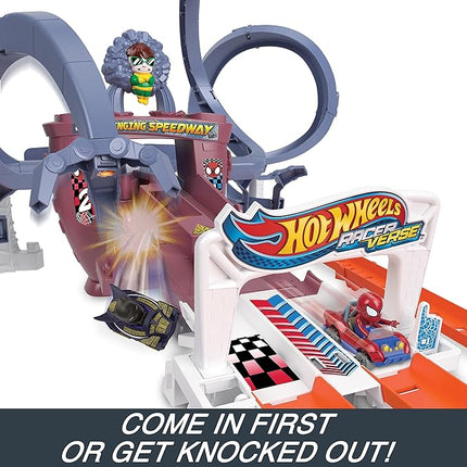 Hot Wheels Toy Car Track Set, RacerVerse Spider-Man’s Web-Slinging Speedway, Competitive Race with 2 Die-Cast Vehicles: Spider-Man & Black Panther