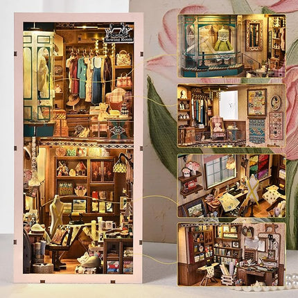 Book Nook Kit, DIY Miniature House Dollhouse Kit for Adults and Teens, 3D Wooden Puzzle Bookend Creative Bookshelf Insert Decor with LED Light, Gifts for Family, Friends (Sewing Room)