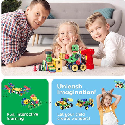 PicassoTiles 201pc STEM Learning Block Construction Kit with Power Drill and Clickable Ratchet Educational Engineering Toy Set Kids Age 3 Plus Preschool Activity Creative Play with Idea Book PTN201