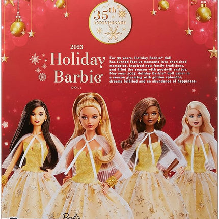 Barbie Signature 2023 Holiday Doll, Light Brown Hair Wearing Golden Gown, Collectible with Doll Stand & Certificate of Authenticity