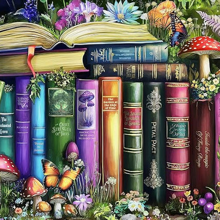 1000 Piece Jigsaw Puzzle for Adults - Wildflowers, Mushrooms and Books in Nature - Challenging Puzzle - Magic Butterfly Library with Plants and Flowers - Adult 1000 Piece Puzzle. 20x27 inches