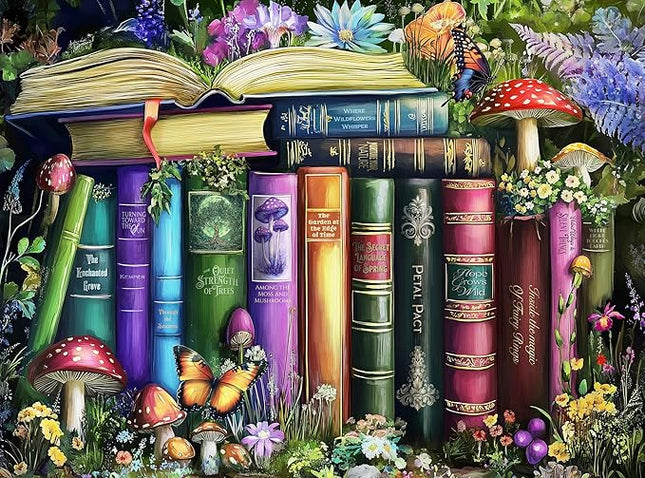 1000 Piece Jigsaw Puzzle for Adults - Wildflowers, Mushrooms and Books in Nature - Challenging Puzzle - Magic Butterfly Library with Plants and Flowers - Adult 1000 Piece Puzzle. 20x27 inches