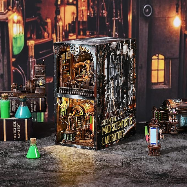 Book Nook Kit, Steampunk DIY Booknook Kits for Adults and Teens, 3D Wooden Puzzle Bookend Miniature Dollhouse Kit Creative Bookshelf Insert Decor with LED Light (Mad Scientist's Lab)
