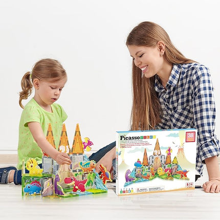 PicassoTiles 38pcs Magnet Tiles Building Blocks Dinosaur Theme Set with 8 Magnetized Action Figures Magnetic Construction Build and Play Toy with Magnets STEM Learning Activities for Toddlers 3+ PTQ13