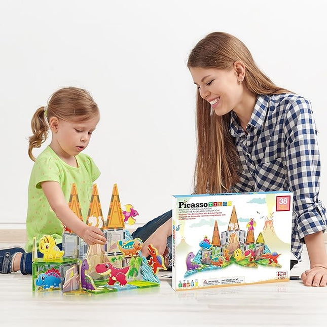 PicassoTiles 38pcs Magnet Tiles Building Blocks Dinosaur Theme Set with 8 Magnetized Action Figures Magnetic Construction Build and Play Toy with Magnets STEM Learning Activities for Toddlers 3+ PTQ13