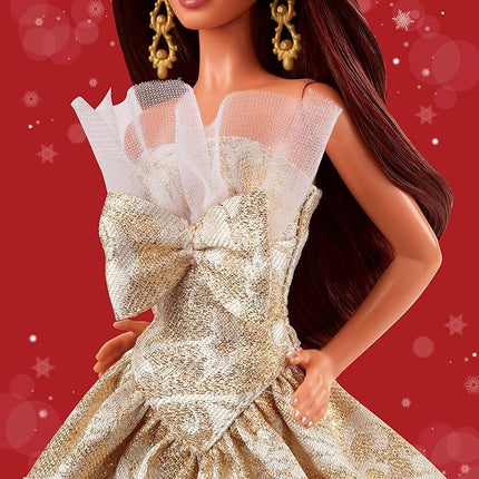 Barbie Signature 2025 Holiday Dark Brown Hair Fashion Doll Wearing Silver & Gold Gown, Seasonal Collector in Displayable Packaging & Stand