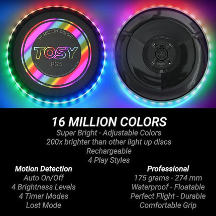 TOSY Flying Disc - 16 Million Colors RGB or 36 LEDs, Extremely Bright, Smart Modes, Camping Essentials for Teens/Kids/Adults/Men/Boys/Girls, Auto Light Up, Rechargeable, Waterproof, 175g