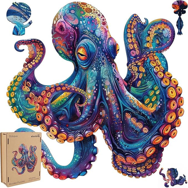 Wooden Puzzles for Adults, Octopus Ocean Jigsaw Puzzles 200 Pieces Unique Animal Adult Puzzles, Irregular Wood Puzzles Creative Gift for Adults and Kids Family Game (11.2x11.2 in)