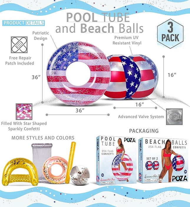 POZA Inflatable USA Pool Float - Luxurious Fun Lounger Filled with Sparkle Silver Stars Confetti, Cool USA Flag Design Water Swimming Pool Floaties for Beach, Lake & Pool