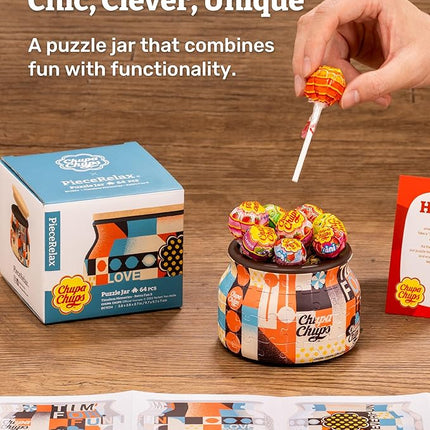 Chupa Chups X PieceRelax 3D Puzzle Jar 64 Plastic Pieces for Adults - Timeless Memories - Retro Fun S Wooden Lid Container for Kitchen Dining Study Living Room No Glue Requied Small [BC1024]