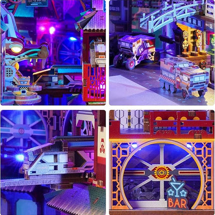 Tonecheer DIY Book Nook Kit for Adults, Wooden 3D Puzzle Bookend Bookshelf Insert Decor, Cyber Punk Booknook Miniature House Kit with Dust Cover and Body Motion Sensor LED (Cyber City)