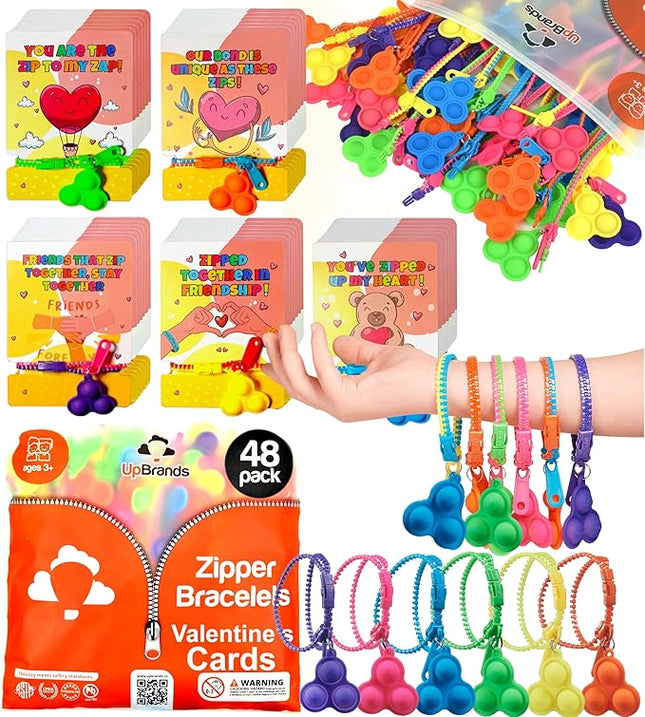 UpBrands 48-Pack Pop-It Zipper Bracelets with Valentine's Day Cards - Perfect Sensory Gifts for Classroom Exchanges and Kids’ Joyful Moments