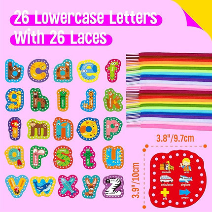 SpriteGru 26PCS Alphabet Lacing Cards, Lowercase Letters Sewing Kit with 26 Double-Sided Cards and 26 Colorful Laces Alphabet Learning Toy Motor Skills Art Crafts for Toddlers, Kids, Students