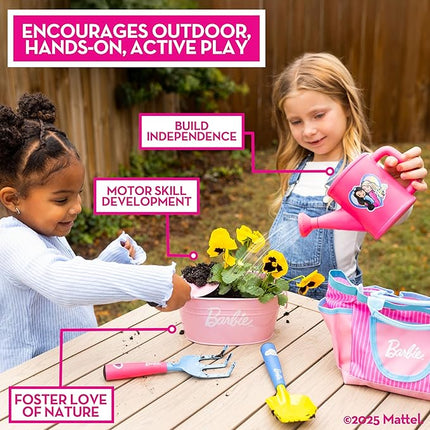 Barbie Garden Set – Real Gardening Tools for Kids with Watering Can, Metal Tools, Flower Pot and Storage Bag – Pink Tool Playset for Outdoors, 6 Pieces