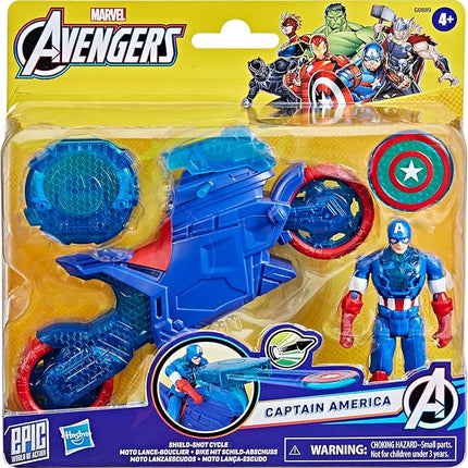 Marvel Avengers Epic World of Action Captain America Shield-Shot Cycle, 4-Inch (10 cm) Figure & Toy Motorcycle Playset, Super Hero Toys for Kids, 4+