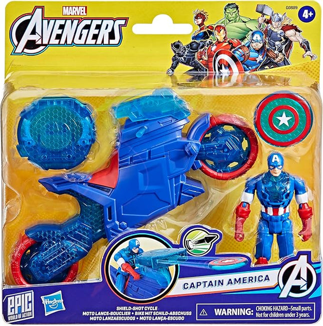 Marvel Avengers Epic World of Action Captain America Shield-Shot Cycle, 4-Inch (10 cm) Figure & Toy Motorcycle Playset, Super Hero Toys for Kids, 4+