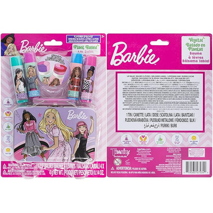 Barbie – Townley Girl Plant Based 4 Pk Swirl Lip Balm with Tin Case Makeup Cosmetic Set for Kids and Girls, Ages 3+, Perfect for Parties, Sleepovers & Makeovers