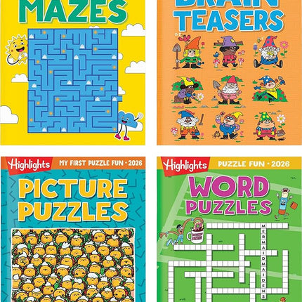 2026 Puzzle Fun Activity Book Gift Set for Kids 6 and Up, 4 Fun Books with Brain Teasers, Mazes, Word Games and More, Travel Activity and Puzzle Game Books for Kids