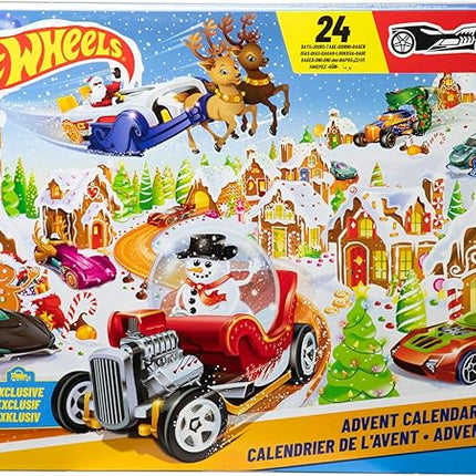Hot Wheels Toy Cars & Playset, 2025 Advent Calendar with 10 Vehicles in 1:64 Scale, 10 Ornament Clips & 14 Winter-Themed Accessories