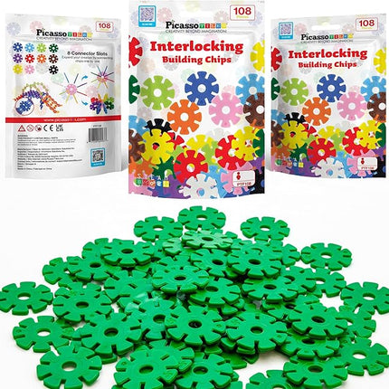 PicassoTiles Building Chip Interlocking Disc Construction Blocks in Green Color STEM Learning Early Education Toy Engineering Playset Child Brain Development for Toddlers Girls Boys Kids Age 3+ PTF108