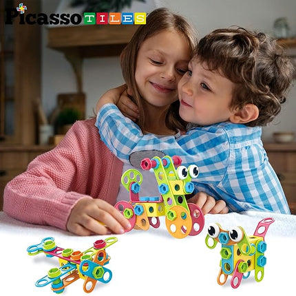 PicassoTiles 115 Piece Building Blocks Set Kids STEM Toy Construction Engineering Sensory Toys Kit Block Children Early Education Playset with FREE IdeaBook, Clickable Ratchet Age 3+ Boys Girls PTN115