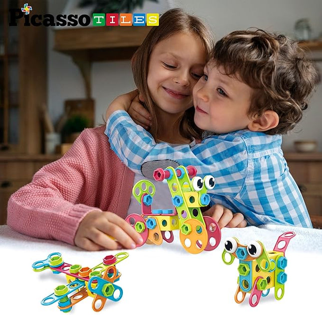 PicassoTiles 115 Piece Building Blocks Set Kids STEM Toy Construction Engineering Sensory Toys Kit Block Children Early Education Playset with FREE IdeaBook, Clickable Ratchet Age 3+ Boys Girls PTN115