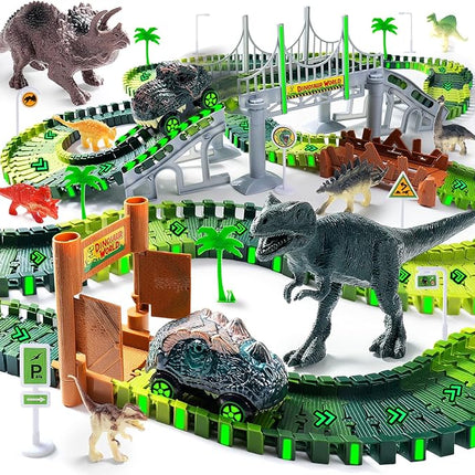 218 PCS Race Tracks Dinosaur Toys for Kids 3-5, Glow in The Dark Magic Toy Set, 2 Dinosaur Cars Track, Flexible DIY Track Set, Birthday Gift for Age 3-9 Boys Toddler Girls