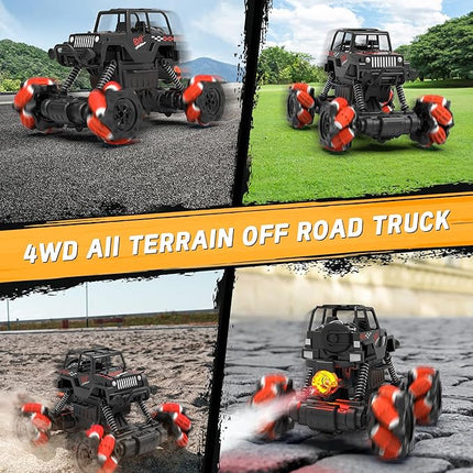 RC Stunt Car, Remote Control Car with 360° Rotation, Sideway Drift, Spray, All Terrain 4WD RC Stunt Hobby Cars for 6-12 Years Old Boys (Red)